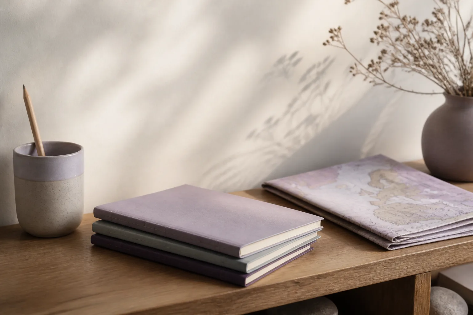 Wooden shelf with three thin travel notebooks stacked beside a closed map, a pencil in a cup, and muted daylight on a pale wall, no titles readable, 1400x933