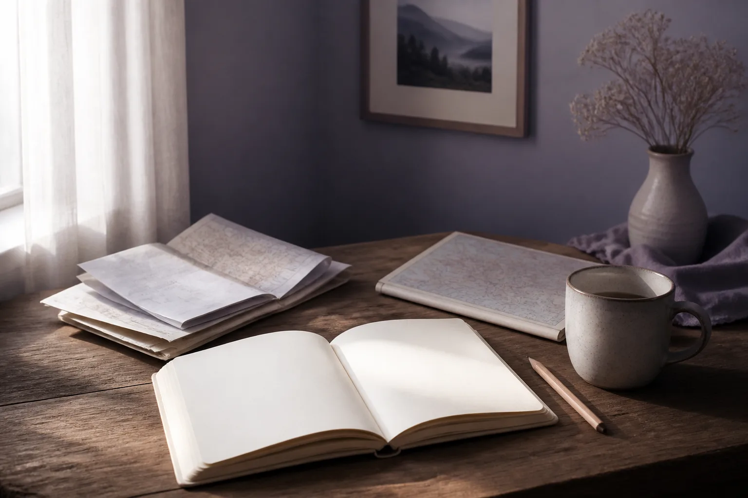 Editorial desk with an open notebook, folded route notes, a pencil, and a closed paper map beside a ceramic mug, soft window light from the left, no screen visible, 1400x933