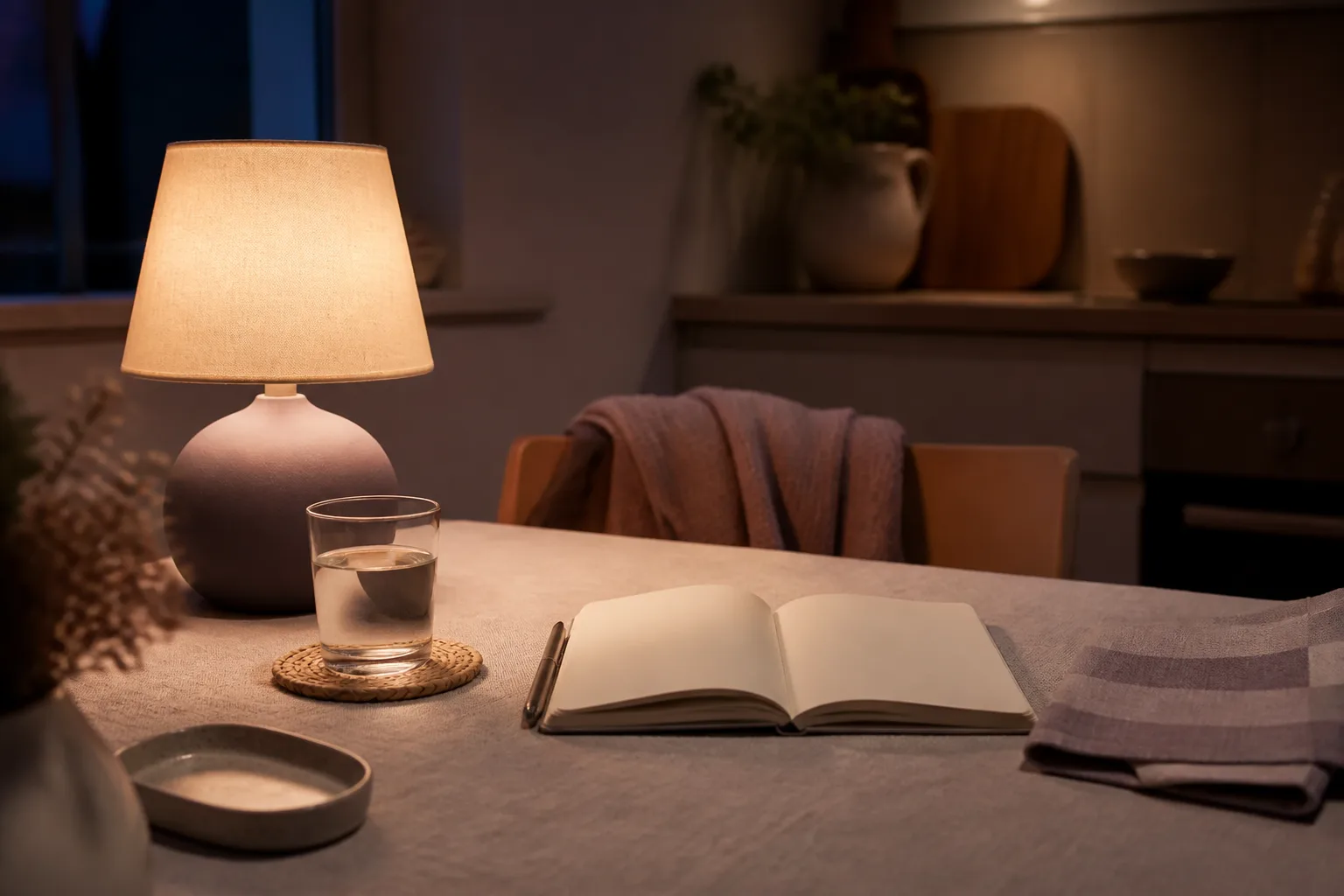 Evening kitchen table with a small notebook open to a short list, a dim lamp, a glass of water, and a folded day plan pushed aside, warm indoor light, 1200x800