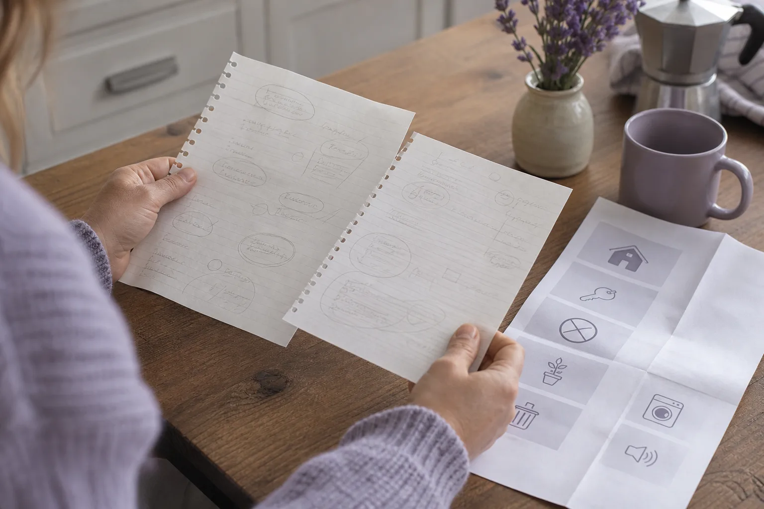 Hands comparing two handwritten lodging notes on a kitchen table, one sheet circled in pencil, a printed house-rules page folded beside them, morning light, 1200x800