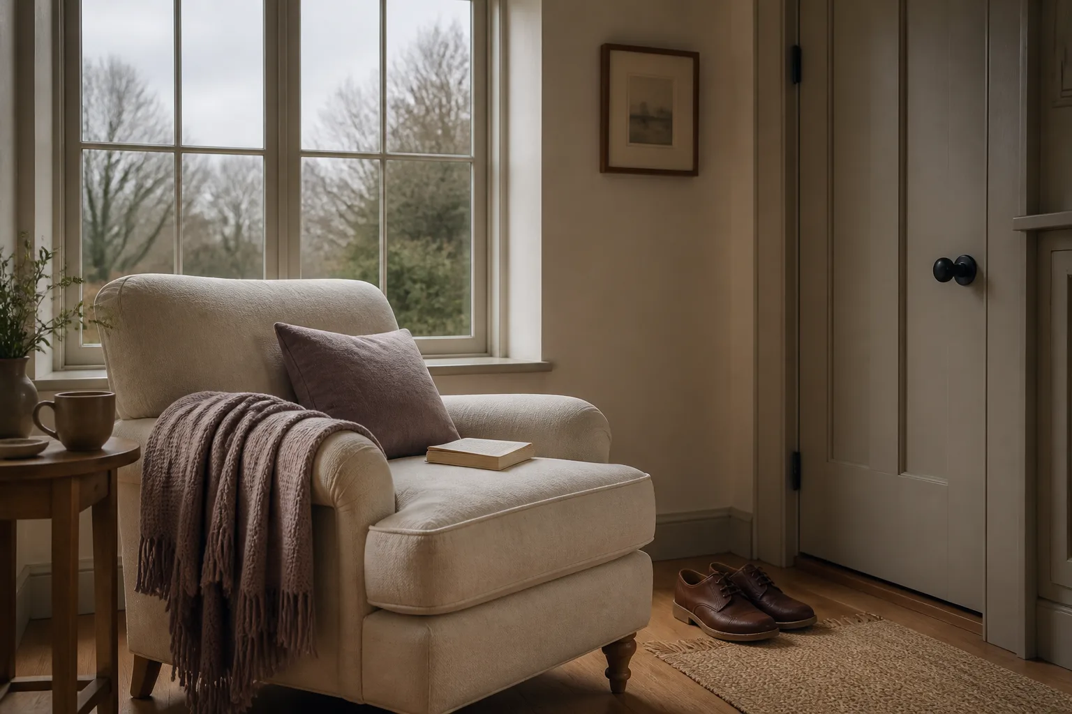 Indoor pause day scene, a reading chair by a window with a paperback and a blanket, shoes placed neatly by the door, grey daylight outside, calm room tones, 1200x800