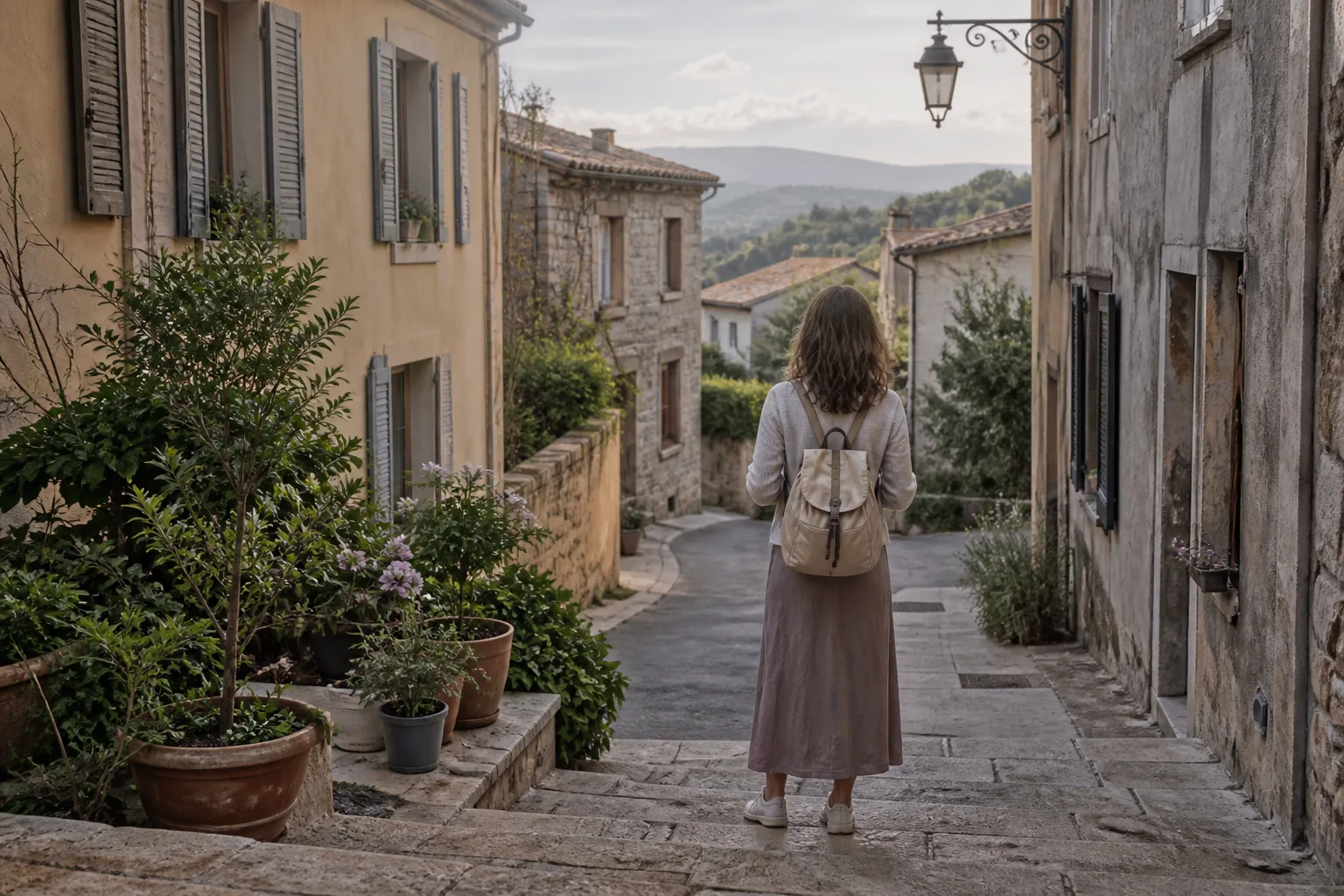 Residential walkway seen from a respectful distance, a traveller pausing at the edge of a public path, potted plants on a step, no faces close to windows, muted afternoon light, 1200x800