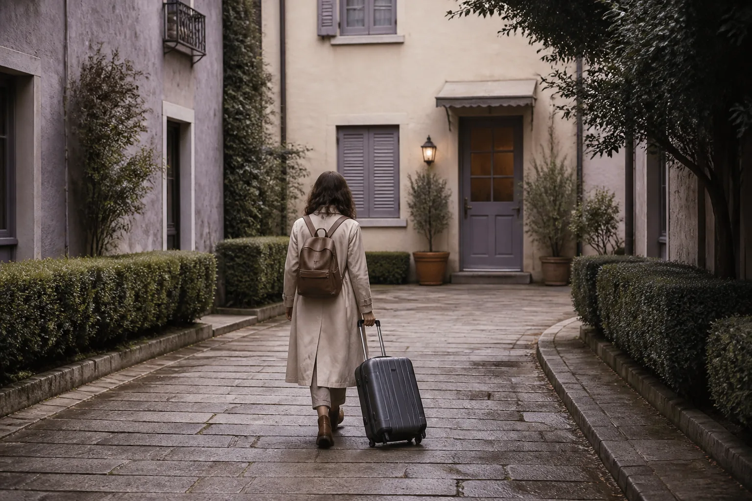 Quiet side street loop ending at a familiar lodging door, a traveller mid-step on worn paving, low hedges, no landmark signage, soft overcast light, 1200x800