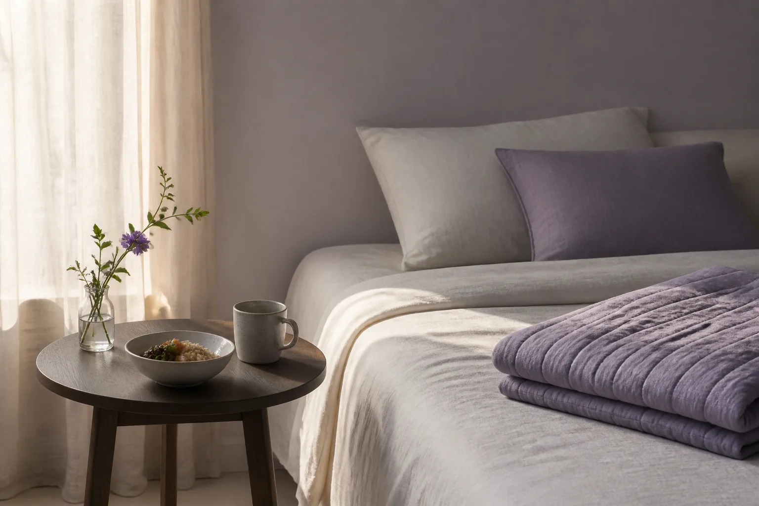 Simple meal and nap routine on a pause day, a plain bowl and cup on a small table beside a made bed with folded blanket, afternoon light through thin curtains, 1200x800